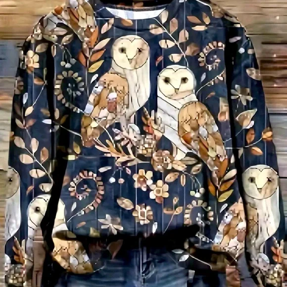 Owls in the Forest Women’s Blouse NWOT 95% Poly/40% Spandex, crewneck, wide hem. - Picture 1 of 7